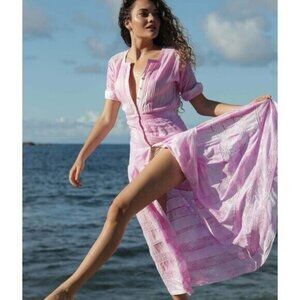 LoveShackFancy Edie Crochet Trim Midi Dress in Peony Pink